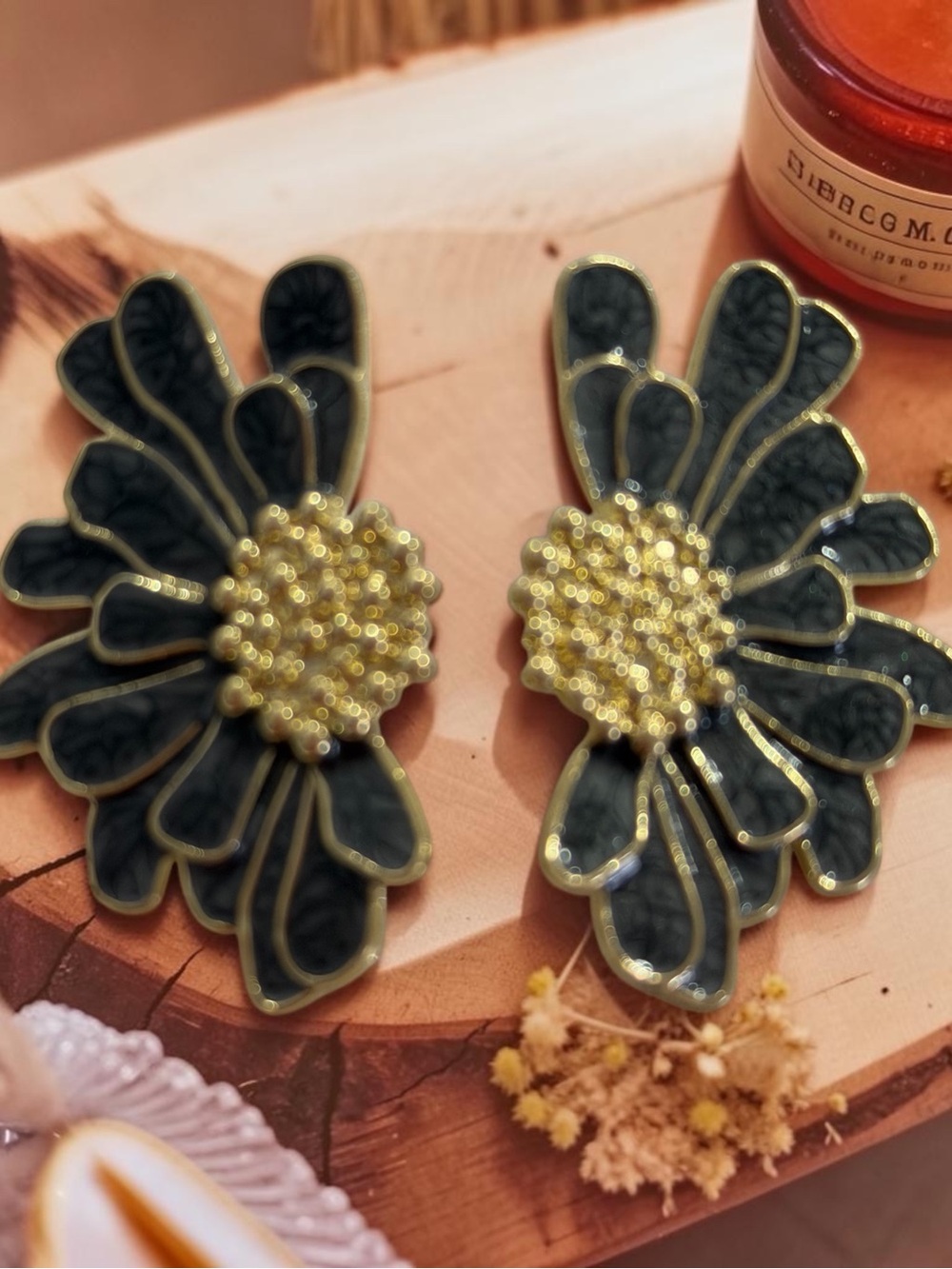 Gold & Dark Green Floral Statement Earrings